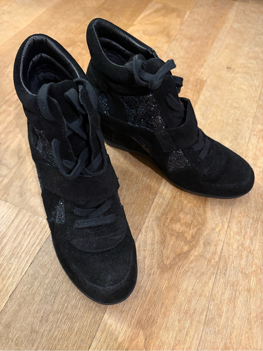 Ash Bowie Black Suede Wedge Sneakers Glitter